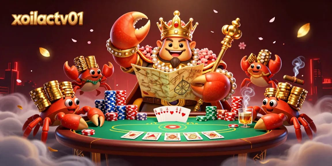 Experience thrilling poker action with xoilactv01's golden crab emperor surrounded by vibrant gaming elements.