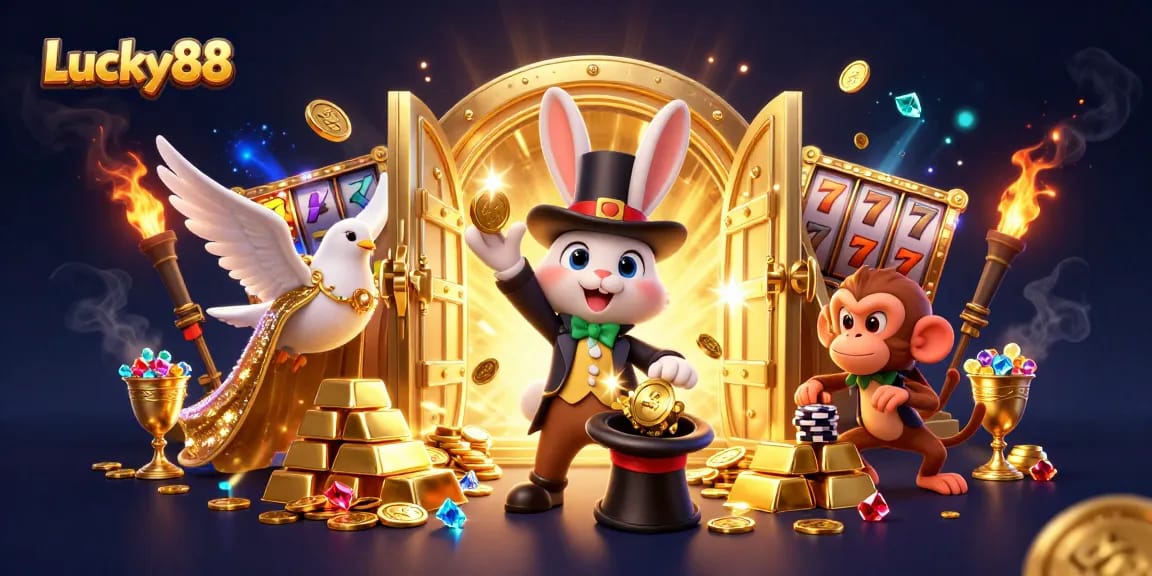Spin the Lucky88 slots with a magical scene featuring a magician rabbit, dove, and a monkey amidst treasures.