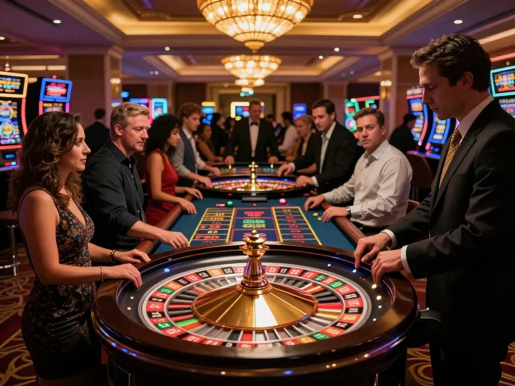 MAX88 players cheering as roulette wheel spins, showcasing dynamic gameplay with vibrant casino atmosphere.