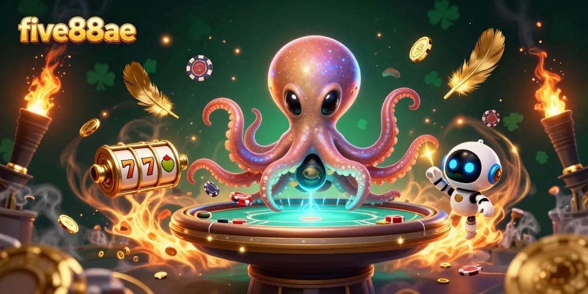 Experience the excitement of gaming at five88ae with vibrant illustrations of an alien octopus at a poker table.