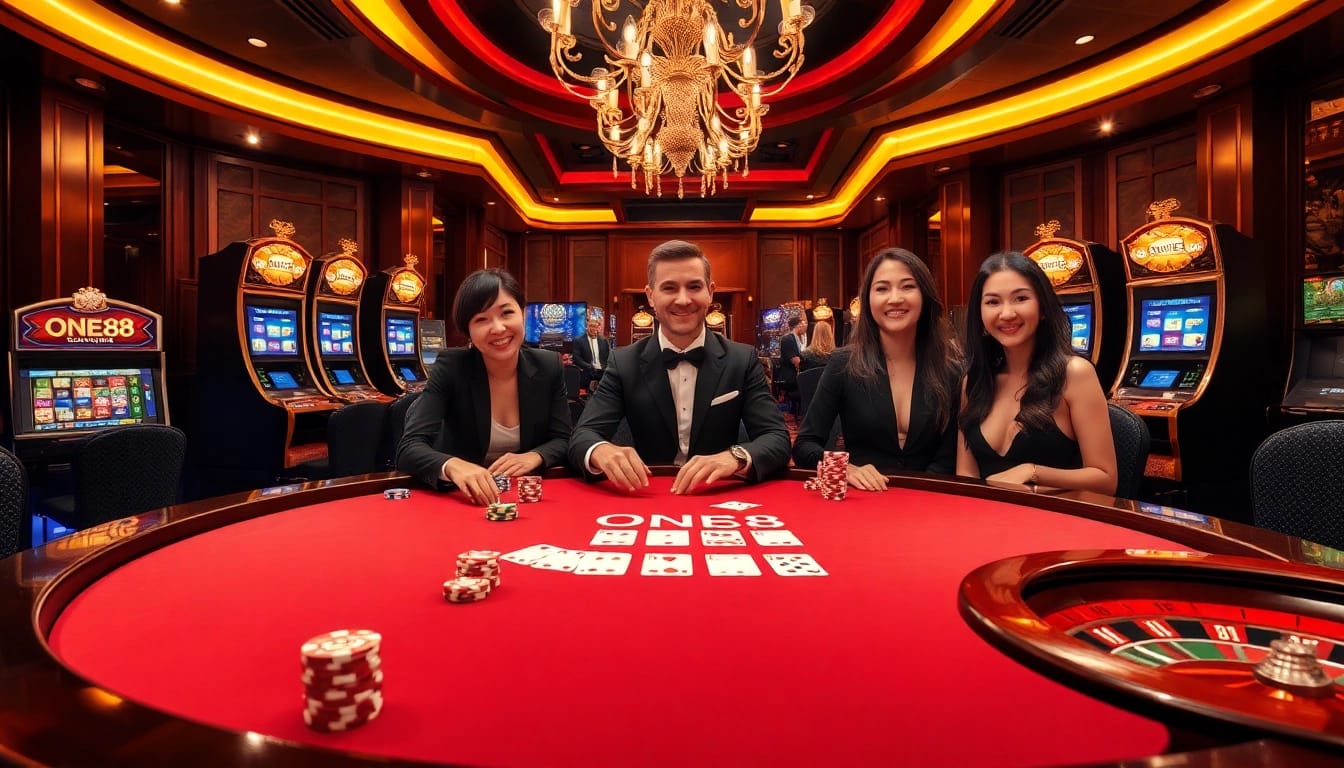 Engage in a thrilling poker game at the luxurious ONE88 casino, featuring vibrant chips and cards.