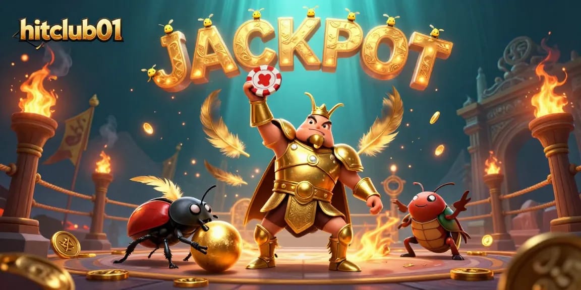 Experience the excitement with hitclub01 as the victorious beetle lifts a poker chip in celebration amid a dynamic casino scene.