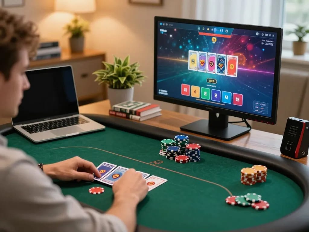 Player engaged in an online poker game with vb88, showcasing cards on screen and strategic betting.