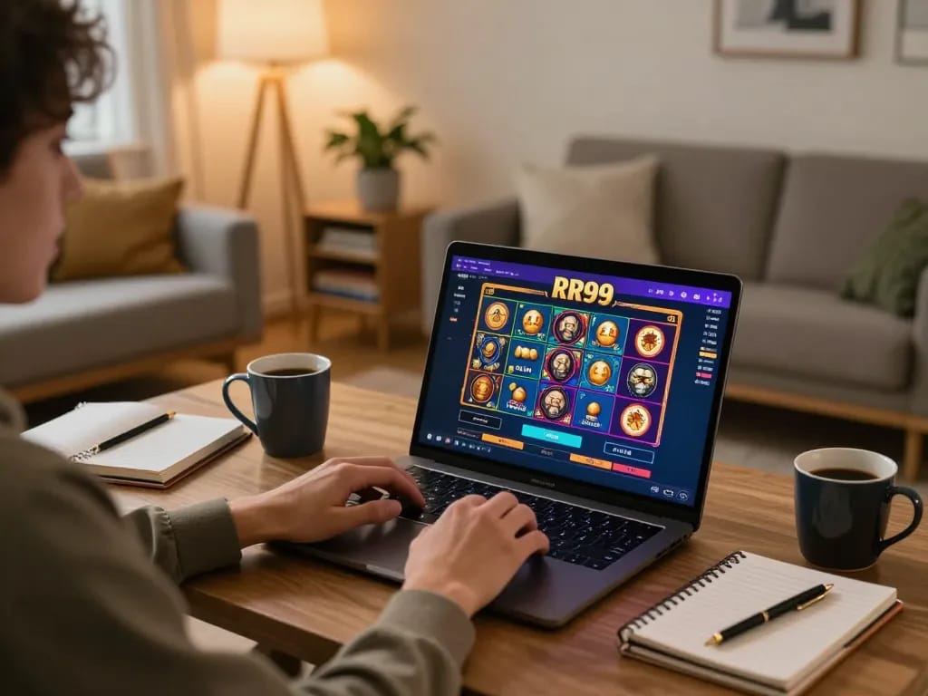 Engaging with RR99 online casino gaming on a laptop in a cozy home setup
