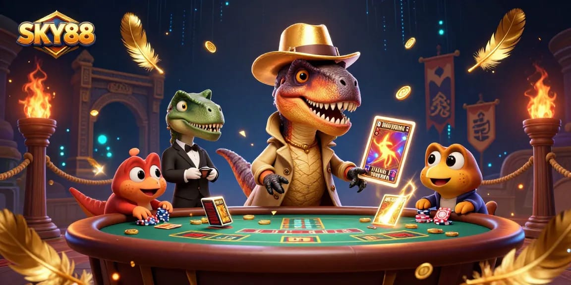 SKY88 gambling scene with a velociraptor card counter, a stegosaurus pit boss, and a compy pickpocket at a blackjack table.