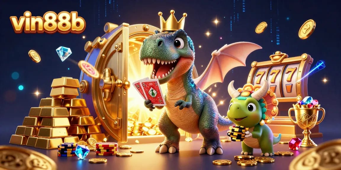 Experience excitement at vin88b with a T-Rex shuffling cards in a vibrant casino scene.