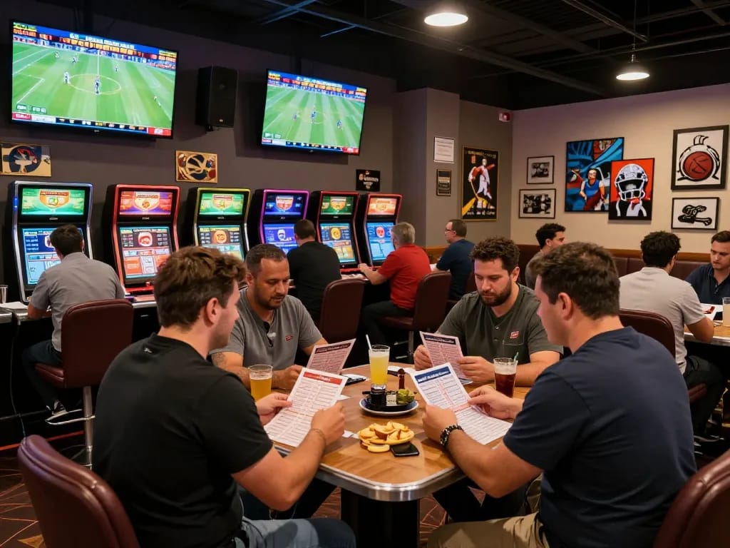 VA88 betting enthusiasts reviewing game odds in a modern casino's sports betting area.