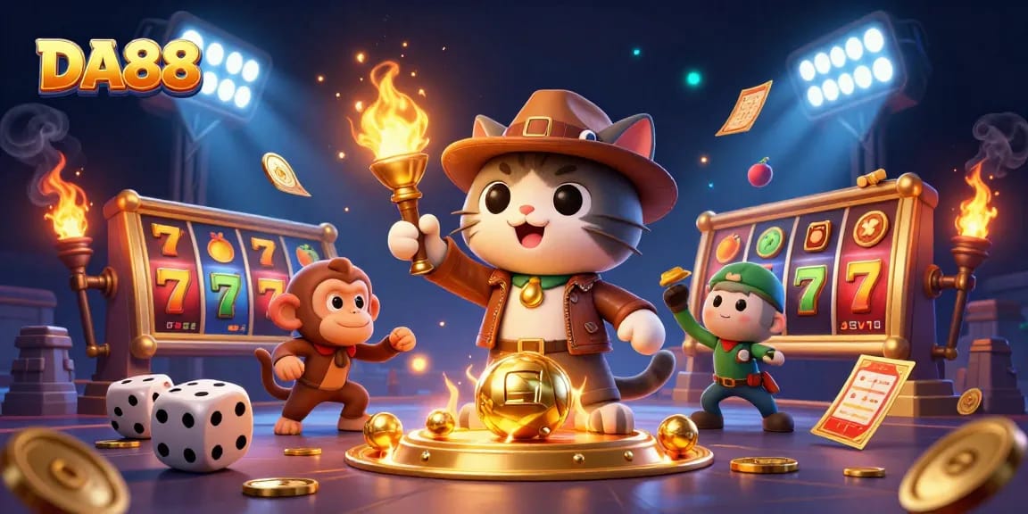 Engage with the vibrant world of DA88 slots through a dynamic 3D scene of adventure and treasure.