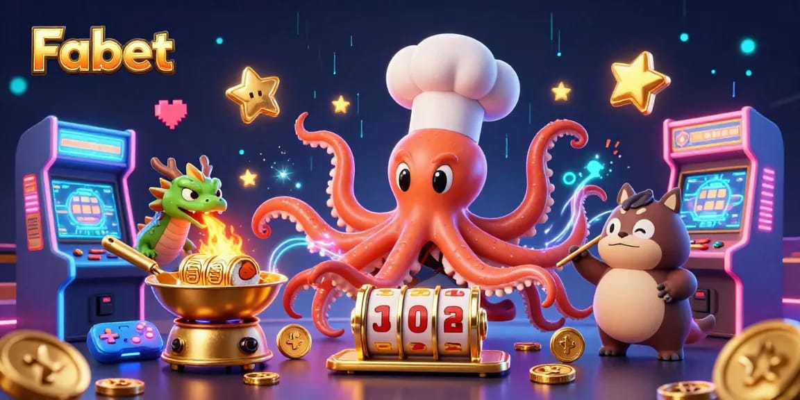 Fabet showcases a thrilling jackpot scene with vibrant characters creating golden dishes amidst colorful gaming machines.