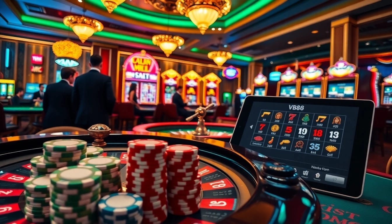 Experience the thrill of Nhà cái vb88 with a vibrant casino scene featuring roulette, slots, and poker.