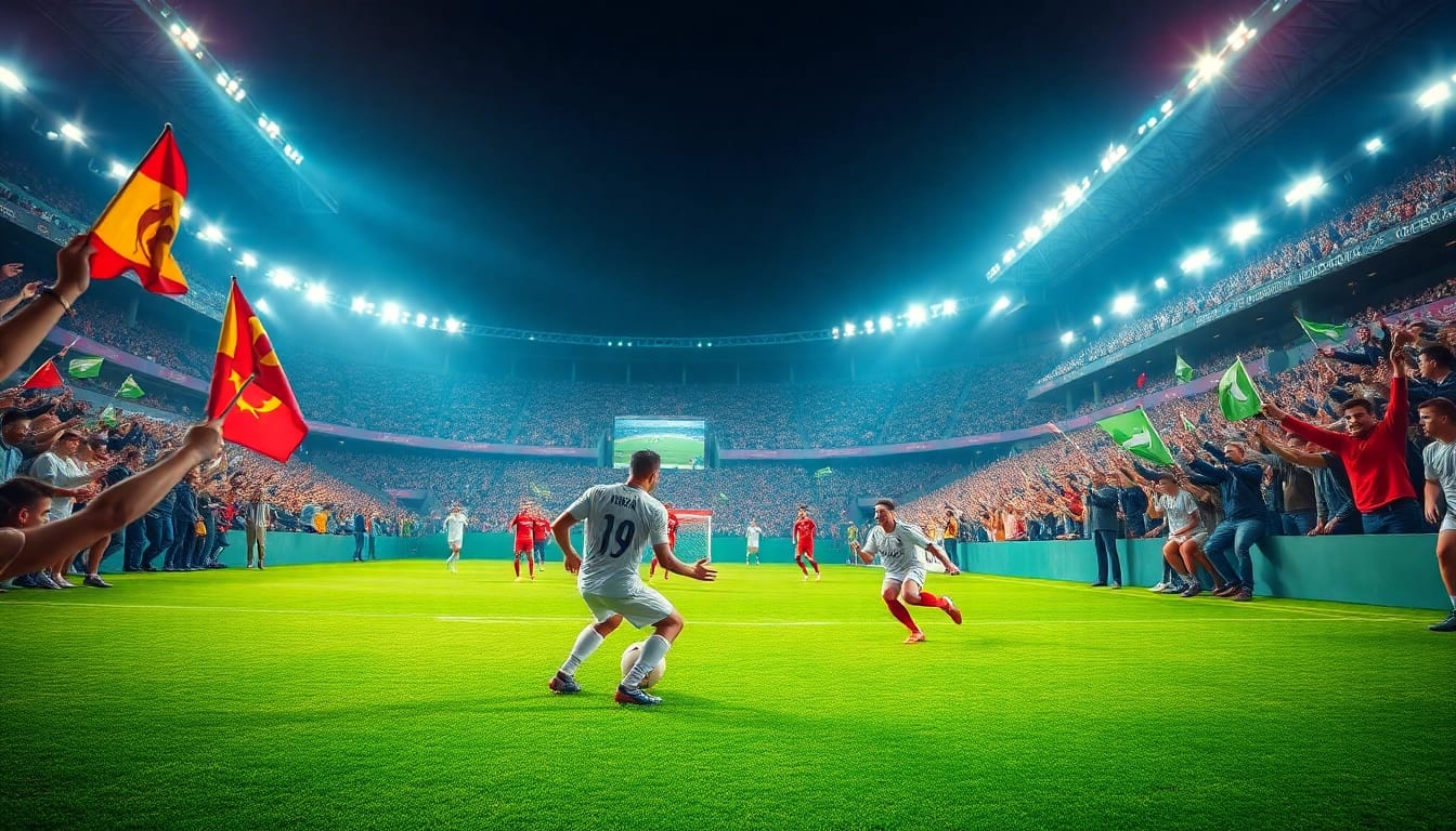 Exciting live soccer match scene with players and fans, showcasing https://socolive.spot/ as the ultimate streaming destination.