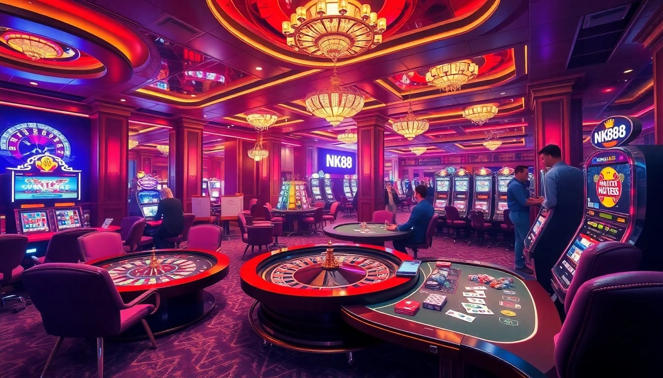 NK88 poker players enjoying a thrilling game in a luxurious casino setting