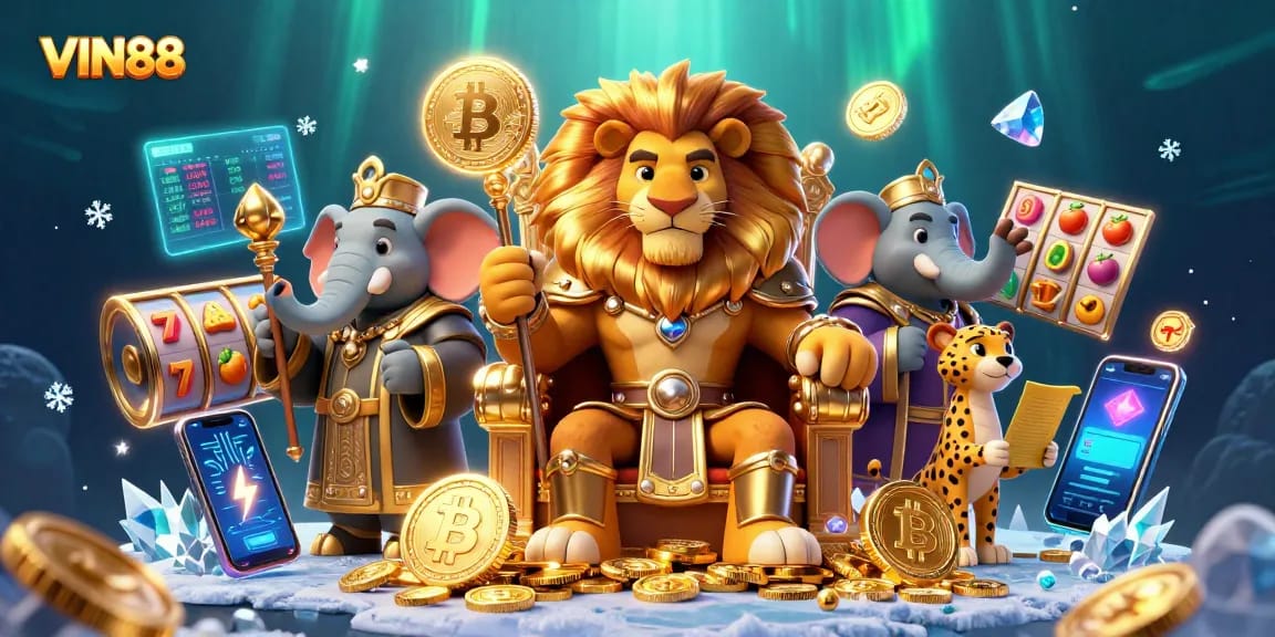 Experience the thrill of online gaming with VIN88, featuring a majestic lion king in a vibrant casino scene.
