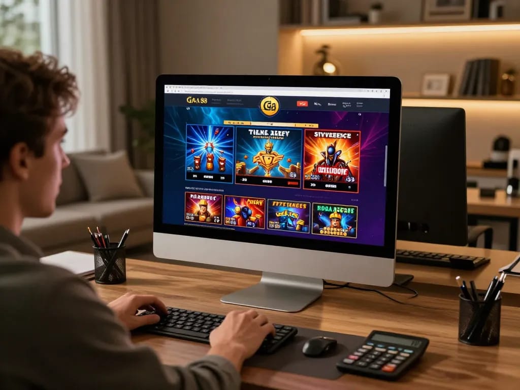 Player strategizing while engaging with GA 88 online casino interface in a vibrant home office