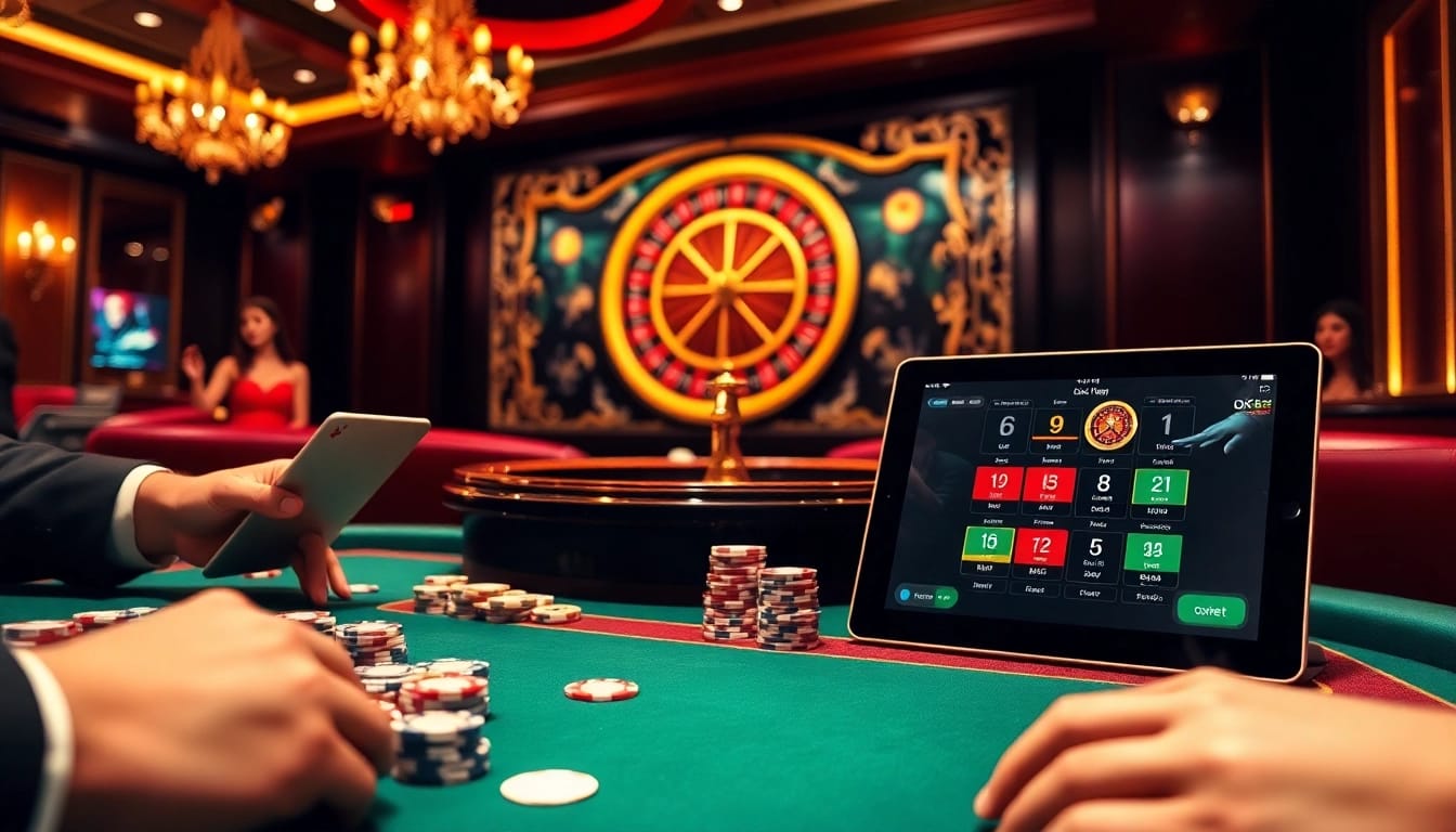 Experience the excitement of Nhà cái oxbet with vibrant poker games and colorful chips in a luxurious casino setting.