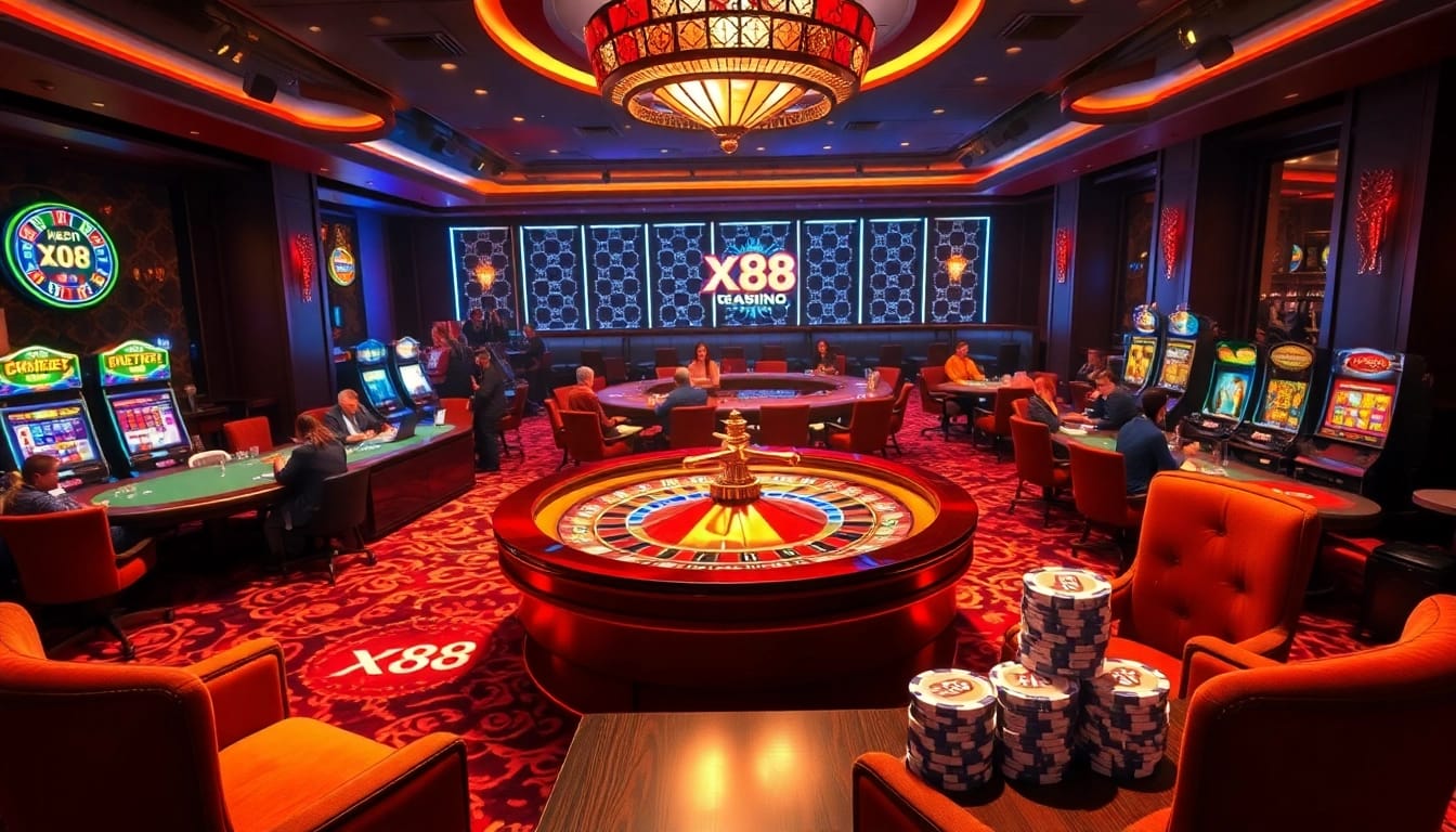 X88 players enjoying high-stakes casino games at a luxurious gaming table