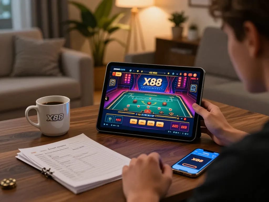 The exciting X88 online gambling setup shows a player focused on a live casino game while surrounded by strategy notes and snacks.