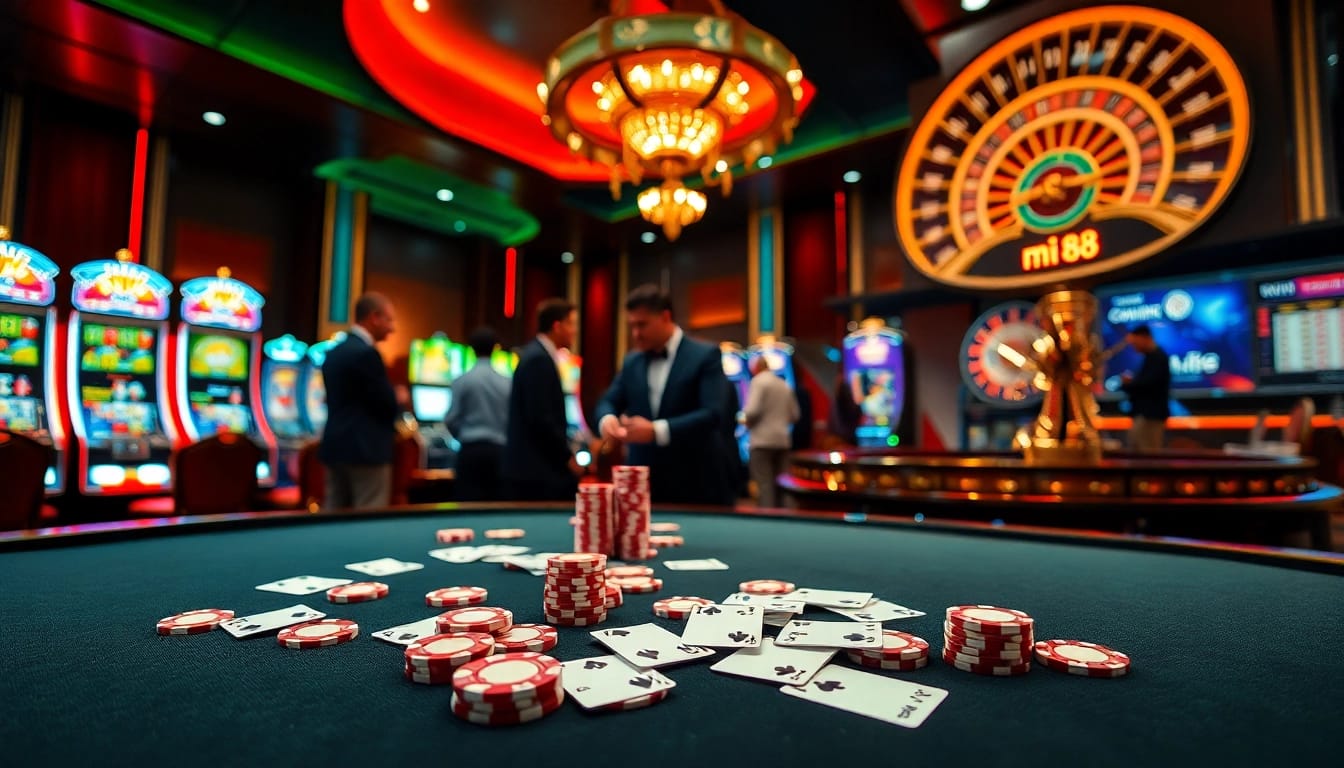 Players enjoying a thrilling game at mi 88 casino with vibrant chips and a roulette wheel.
