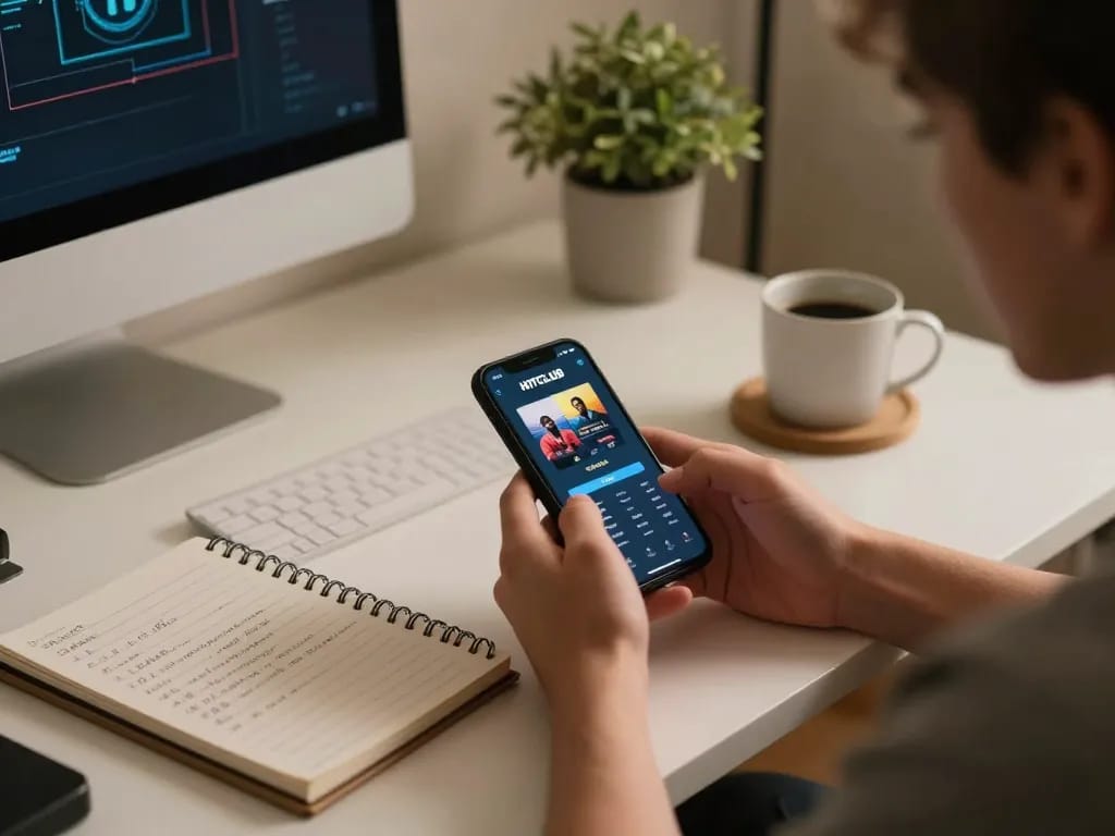 Engaging with the HITCLUB gaming app on smartphone, while enjoying a cozy home office atmosphere
