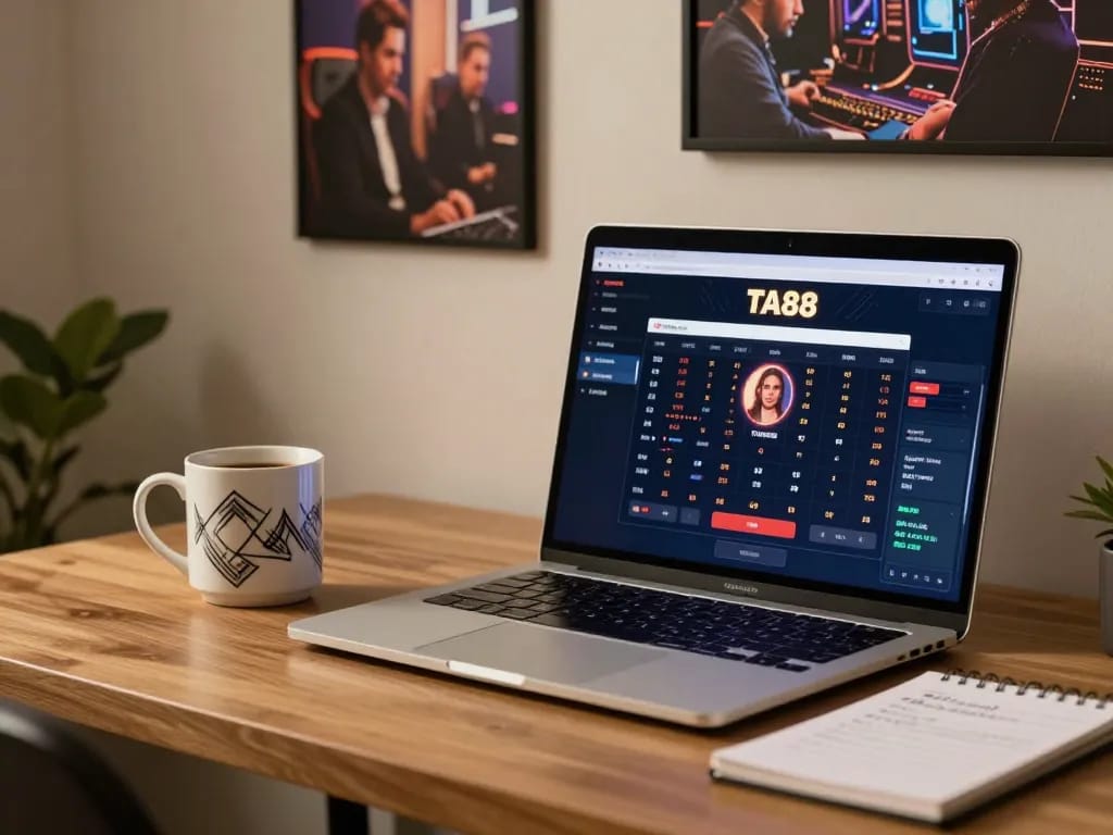 Engaged player enjoying online TA88 casino gaming from a stylish home setup, showcasing strategy notes and a laptop screen.