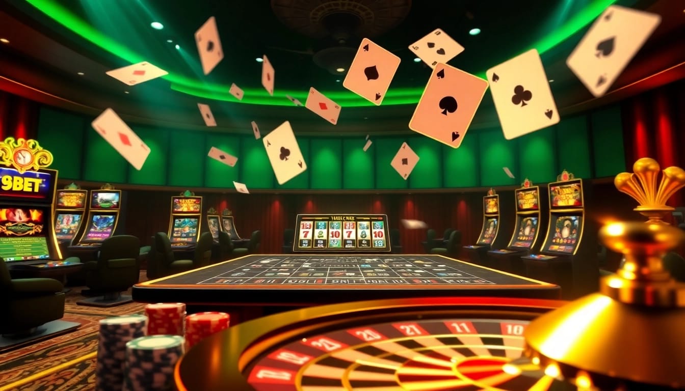Experience the excitement of gambling with 9bet trang chủ showcased in a vibrant casino scene featuring slot machines and a roulette wheel.