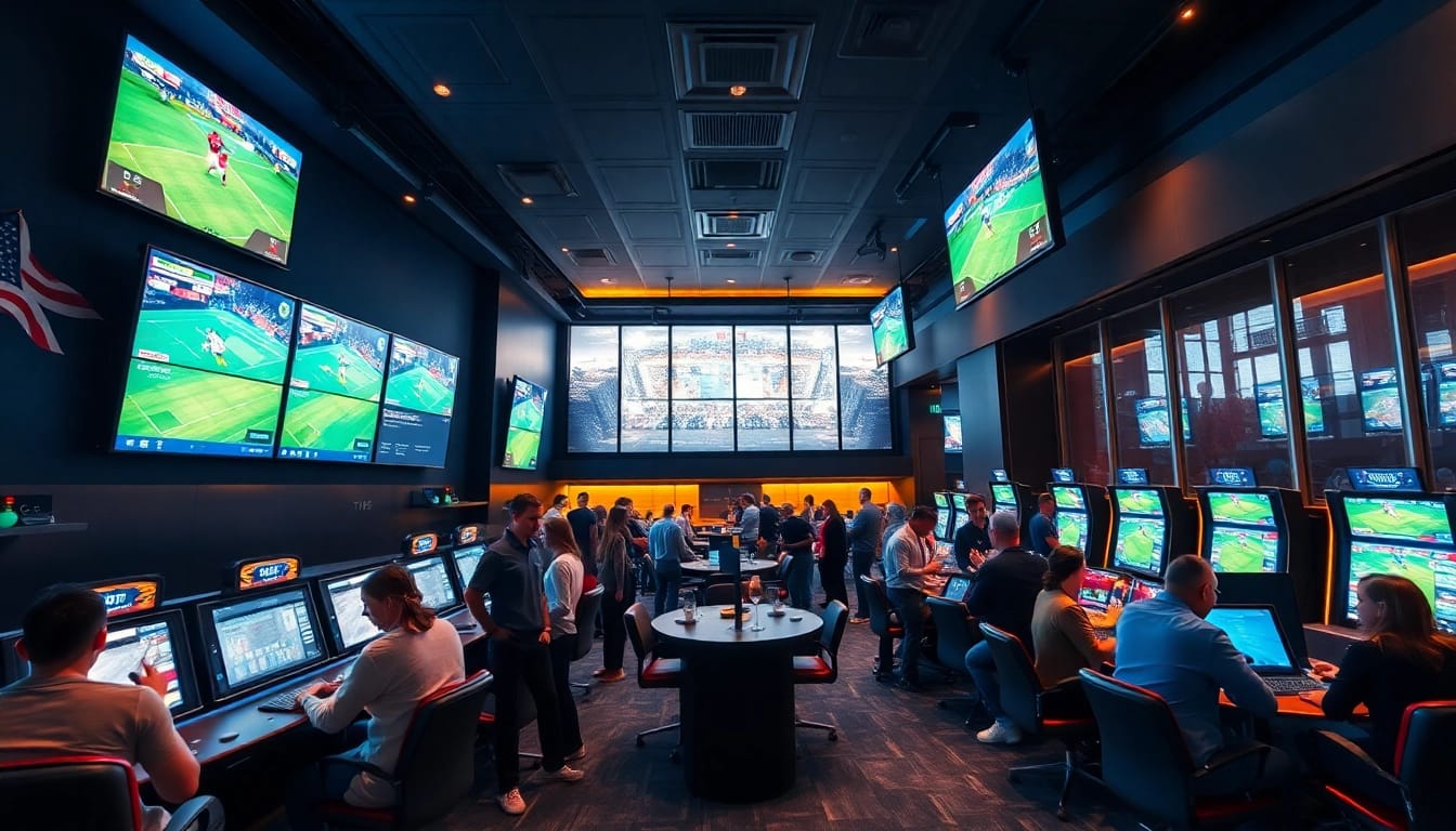 SBOBET's betting lounge showcasing vibrant live sports events and a luxurious atmosphere.