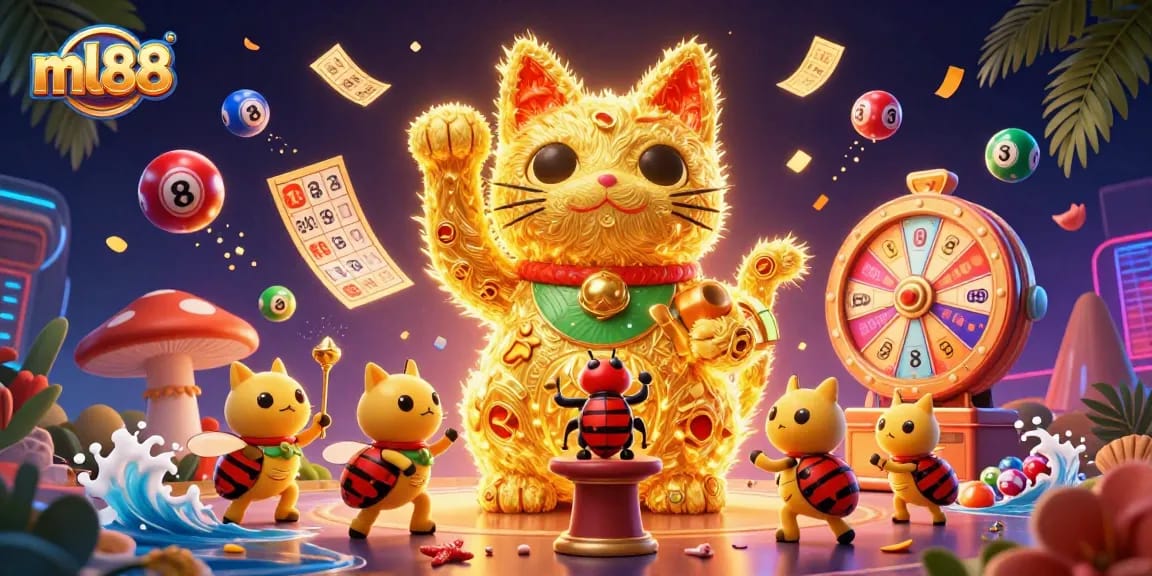 Join the action at ml88 with a vibrant illustration showcasing a lucky cat and casino symbols!