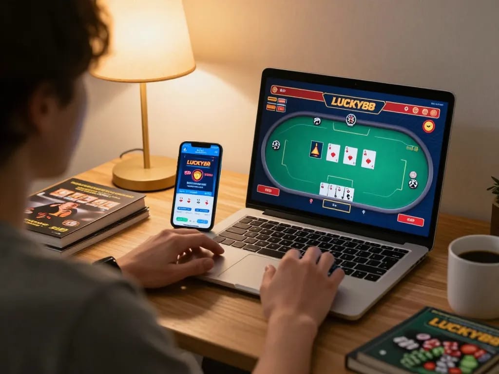 LUCKY88 player engaged in a strategic poker game on laptop in a cozy home setup.