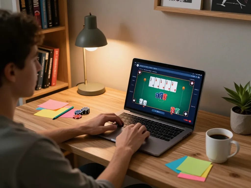 Engaging online poker gameplay on debet67.com featuring a cozy home desk setup