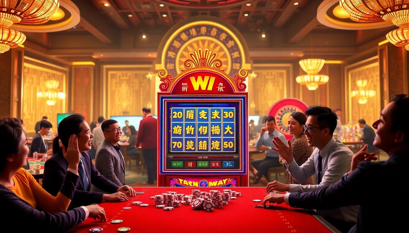 Nổ Hũ Đổi Thưởng slot machine attracting excited gamblers in a vibrant casino scene.