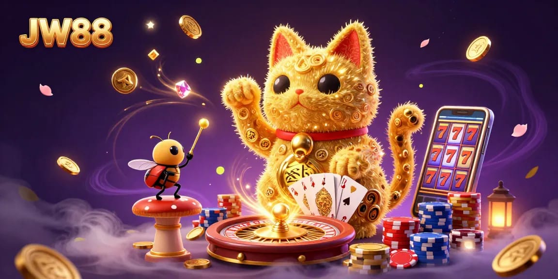 Experience thrilling luck at JW88 with vibrant golden fireflies, playful casino symbols, and dynamic game elements.