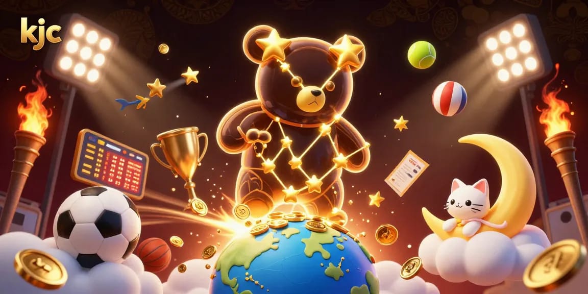 KJC sports betting scene with constellation bear collecting coins and dynamic sports elements