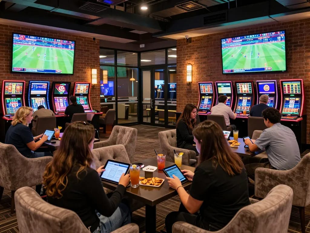 Exciting sports betting scene at nhacaiuytin44 lounge with patrons engaged in live gaming.
