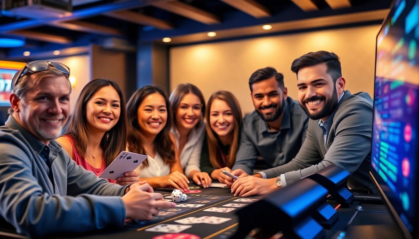 77bet online gambling platform with diverse players enjoying a live gaming session, showcasing excitement and trust.
