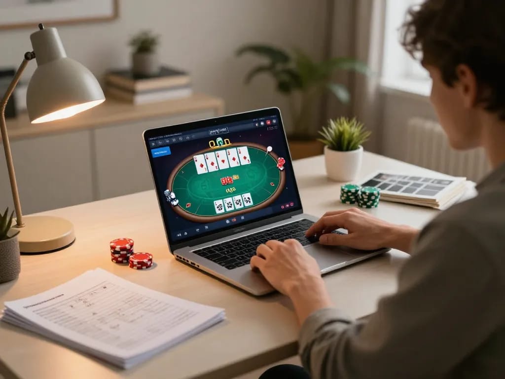 Playing poker online with DA88 strategy notes at a cozy home office desk.