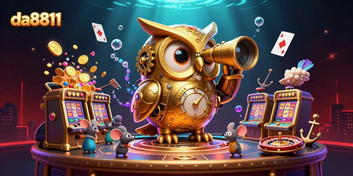 Engage with da8811 in this vibrant casino world featuring a clockwork owl, slot machines, and lively patrons.