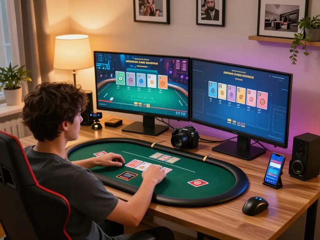 Engaged user playing poker online on 9bet, showcasing a stylish home gaming setup with multiple monitors.