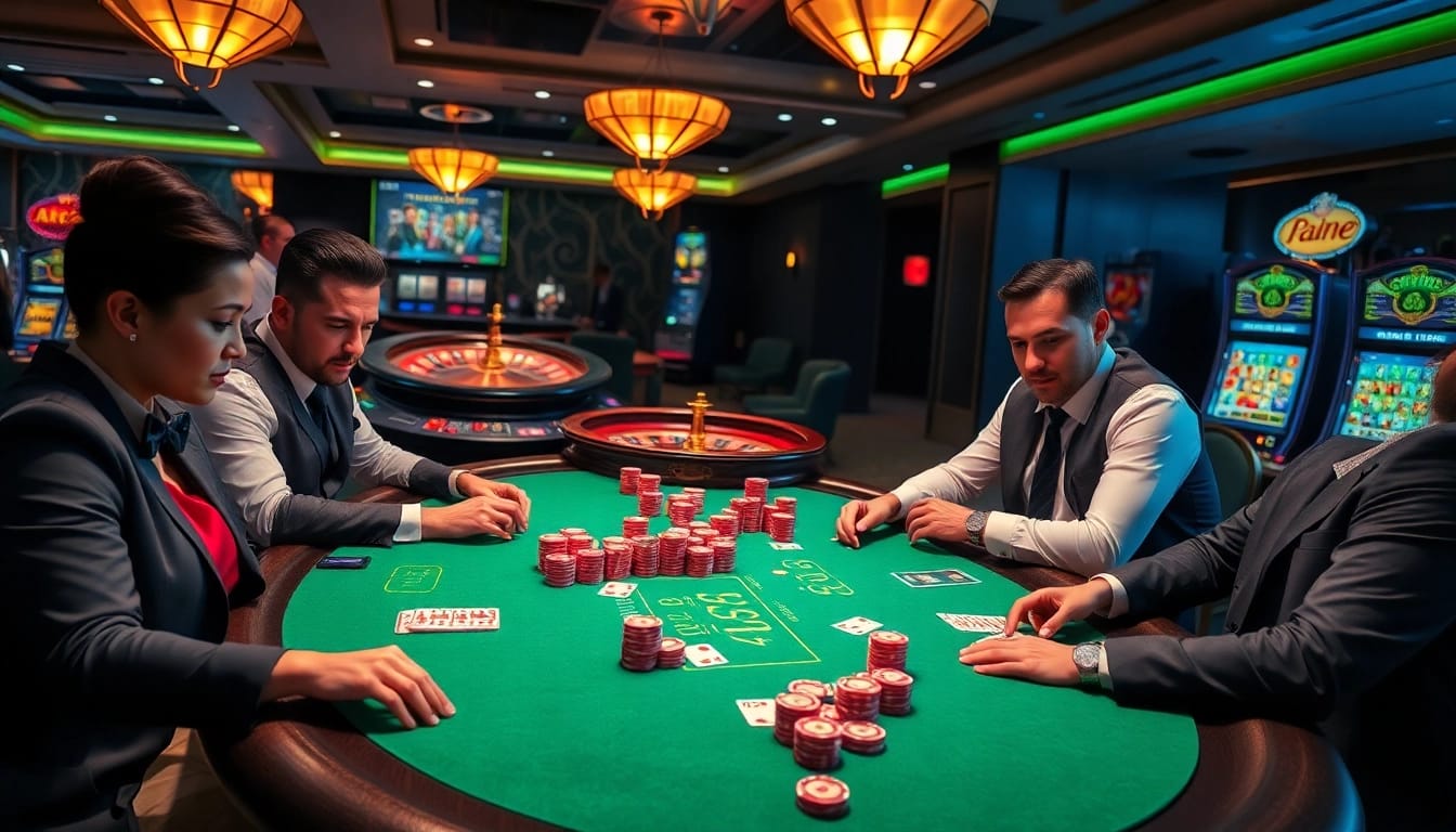 Excited players engaging in a high-stakes poker game at new88.com casino, surrounded by vibrant gaming elements.