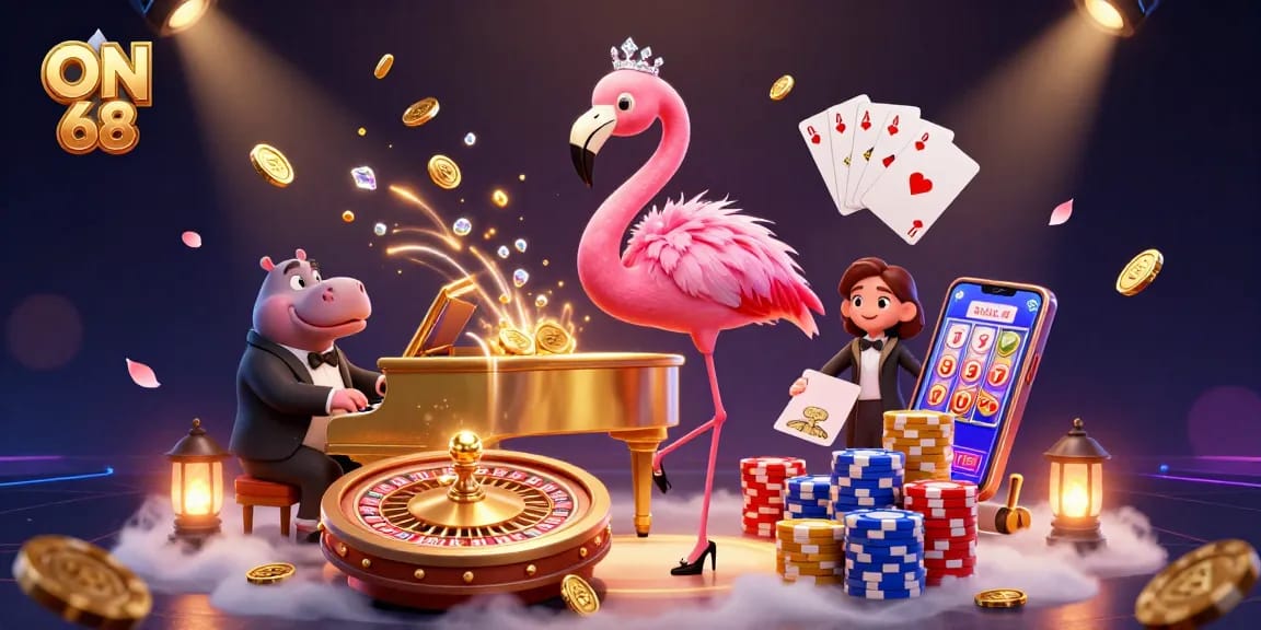 Experience the excitement of ON 68 with a vibrant casino illustration featuring a flamingo singer and hippo bassist.