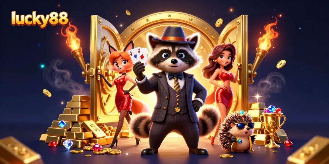 Experience lucky88's thrilling casino atmosphere with a suave raccoon and his stylish companions.