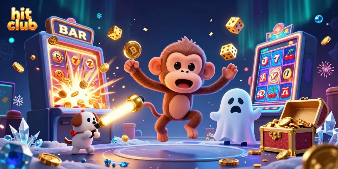 Experience hit club thrills with an energetic scene combining slots, jackpots, and playful characters