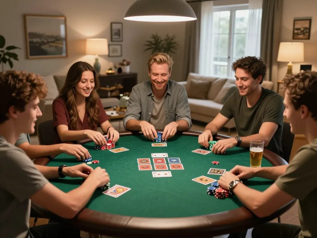 cm88betjuara poker night with friends playing cards at a cozy home table