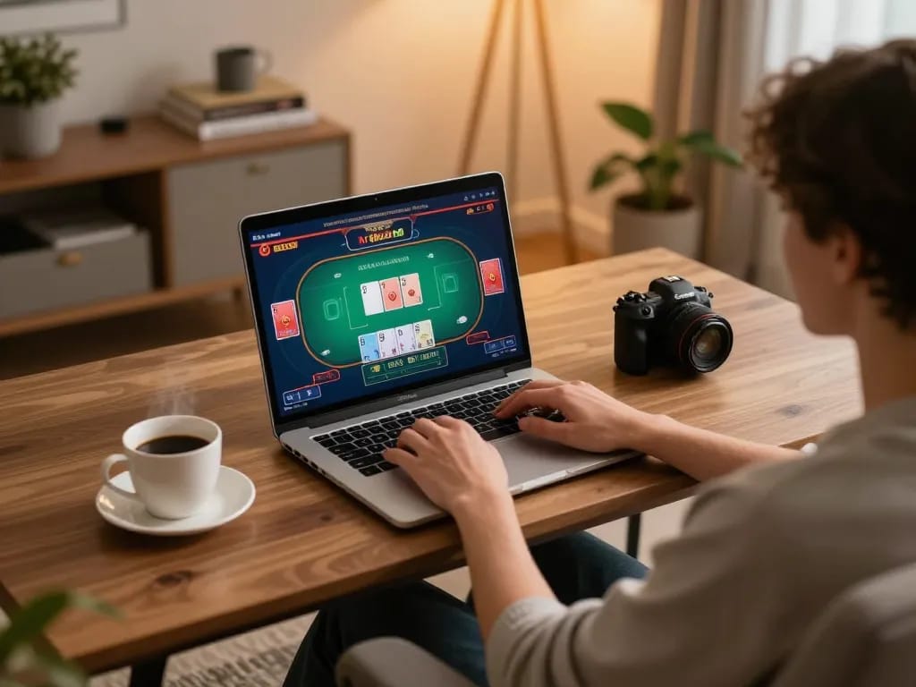 Me99 player engaging with a laptop game at home, showcasing online gaming atmosphere and strategies.