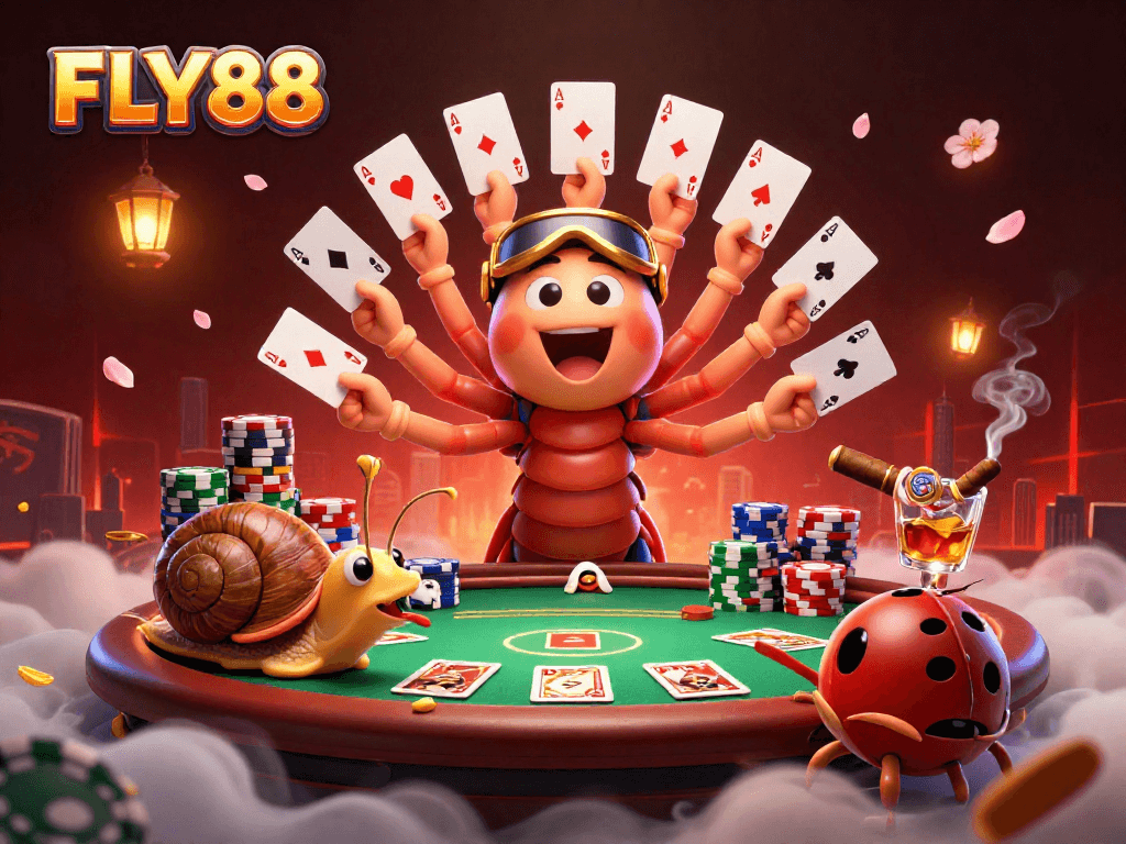 FLY88 casino illustration showcasing a lively poker scene with engaging characters and vivid game elements.