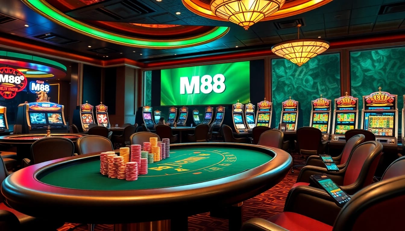 Engage with MM88 excitement at a luxurious casino table showcasing poker chips and roulette.