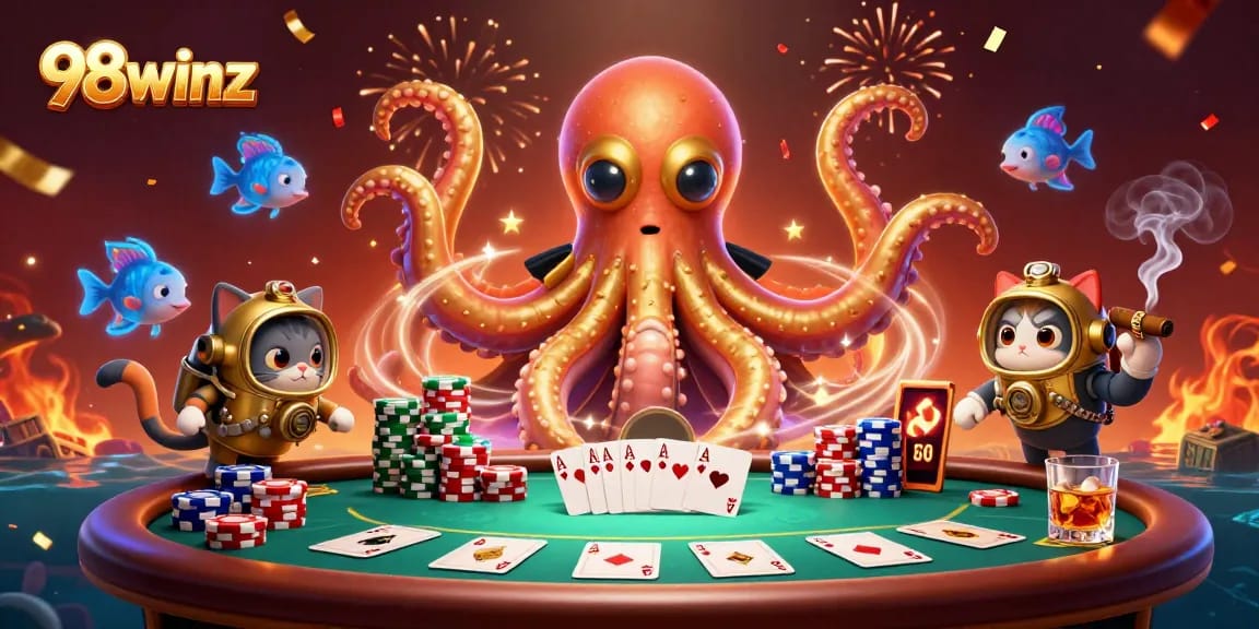Engage in thrilling poker adventures with the 98winz Kraken and diving cat in a vibrant casino scene.