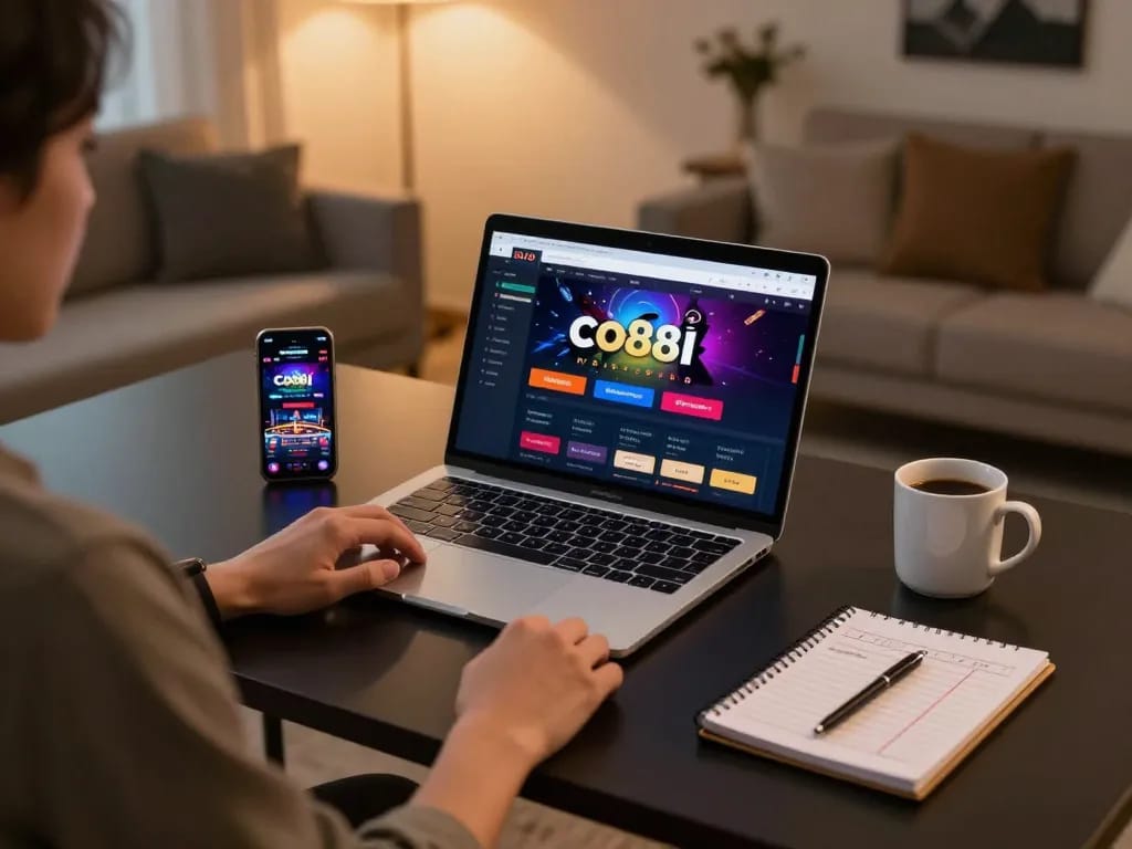 Player engaging with co88i online casino interface in a modern home office setting.
