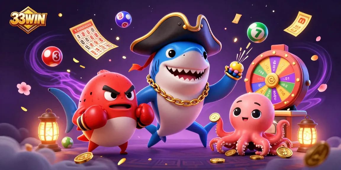 Engage with 33WIN's dynamic lottery scene featuring vibrant characters and colorful game elements.