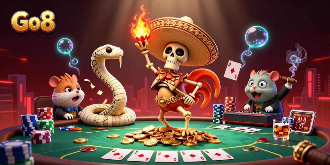 Engage with Go8 as the mariachi rooster celebrates with poker chips and cards in a lively casino scene.