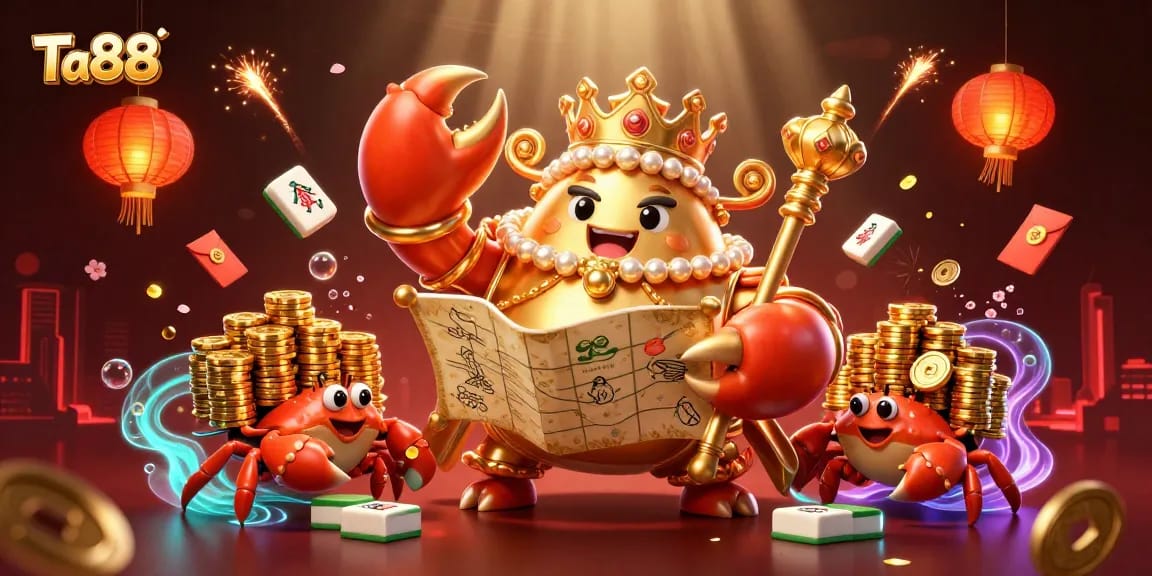 Experience gambling excitement at Ta88 with a golden crab emperor surrounded by dazzling treasures.
